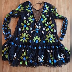 Free People Black Sheer Tunic Dress with Blue and Green Floral Embroidery